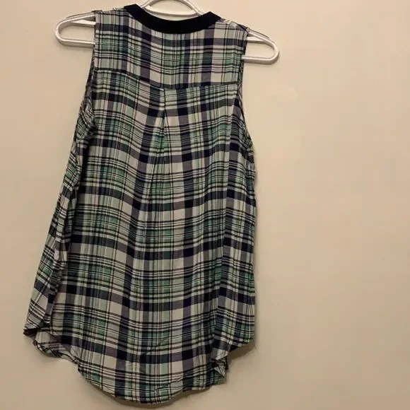 She + Sky green and navy plaid sleeveless top. Size S. Length 27” - Picture 4 of 5